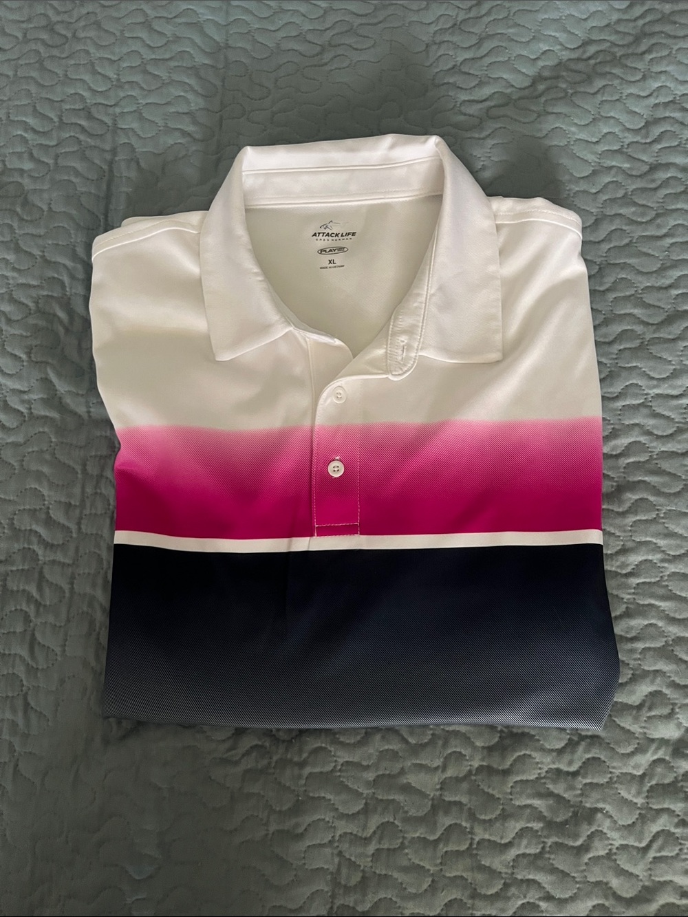Greg Norman Collection Men’s White Polo with Pink and Navy Gradient Stripe